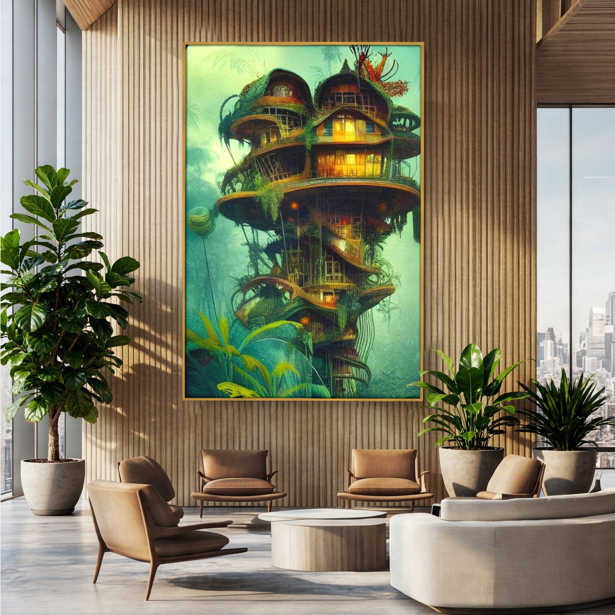 Tablou canvas cu ilustratie digitala cu turn in copac, in rama de aluminiu auriu, pe perete intr-un birou